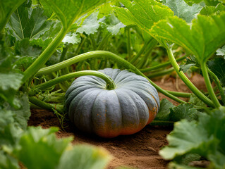 A large, unripe pumpkin sits in the center of the frame, surrounded by green foliage and vines in a field on a sunny day