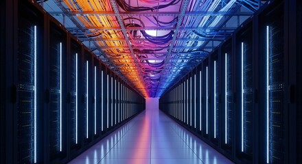 Futuristic server room with rows of data racks and colorful cabling infrastructure management