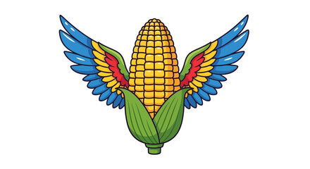 Obraz premium Whimsical corn cob character with vibrant avian wings illustration for art print