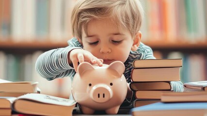 Focused toddler boy putting coin into piggy bank surrounded by books, learning and saving habits in cozy study with stacks of educational materials
