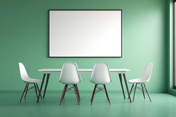 Empty dining area with blank framed poster.