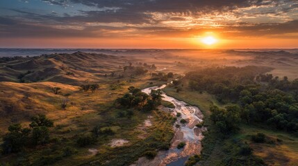 Fototapeta premium Nebraska Summer. Aerial View of Dismal River and Sandhills at Sunrise