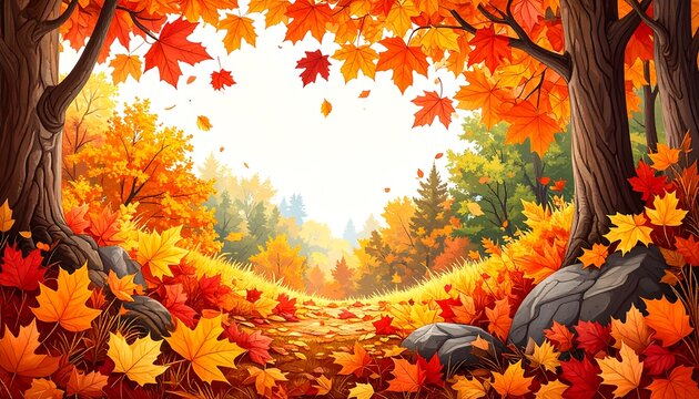 A vibrant autumnal woodland scene displays a picturesque path lined with fallen maple leaves of fiery hues, amid a landscape of trees and rocks.