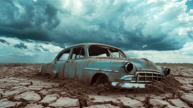 Rusty old abandoned car stuck in cracked dry mud under dramatic cloudy sky, vehicle in barren landscape evoking decay and desolation