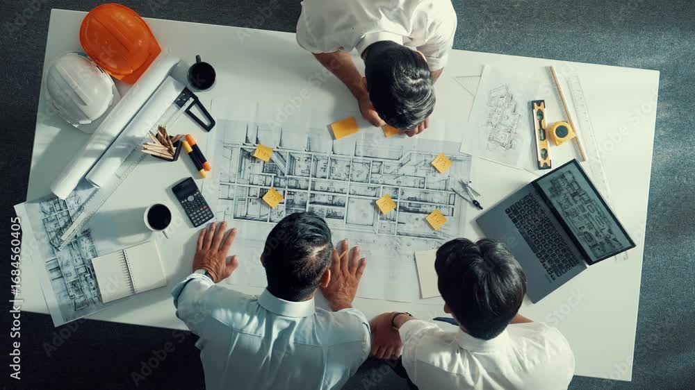 Poster top down aerial view of interior designer writing at sticky note while planning design with engineer
