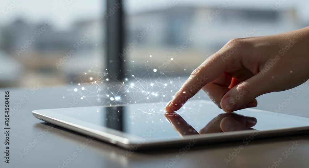 Poster hand using digital tablet with connection network overlay, illustrating technology, communication, d