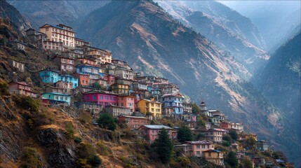Fototapeta premium Nepal Border. Houses on Mountain Slopes in Zhangmu City, China