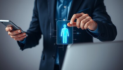 Businessman touching a digital screen displaying a human silhouette technology digital interface