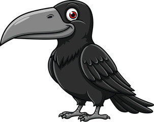 Cartoon black crow with red eyes, large beak, folded wings, friendly smile, vector illustration, animated bird, feather detail design