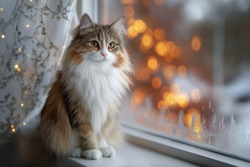 dreamy christmas bokeh and furry cat indoors