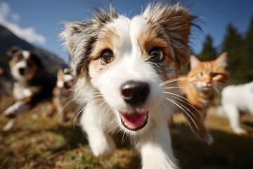 Joyful Australian Shepherd Puppy Chasing Camera with Cat and Dog Companions in Sunny Meadow