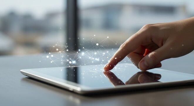 Hand using digital tablet with connection network overlay, illustrating technology, communication, data and modern business innovation