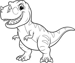 Cartoon T-rex dinosaur line art with big eyes, toothy smile, small arms, coloring page, children’s vector, prehistoric animal illustration