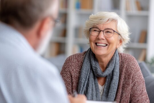 Senior patient talks about therapy advancements with psychologist sharing her feelings Therapist listens and laughs during the session