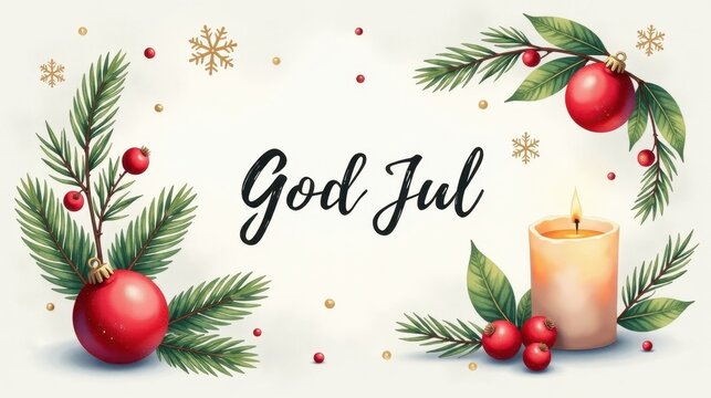 "God Jul!" - Merry Christmas on swedish language on a light background. Greeting Card with elegant lettering