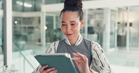 Employee, plan and woman with tablet, office and financial analysis for tax presentation and filing. Happy, bookkeeper and search for audit with tech, app and person with digital records in business - Powered by Adobe