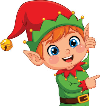 Cartoon Christmas elf pointing right, festive green outfit with bells, cheerful holiday character for winter, kids, promo, decoration design