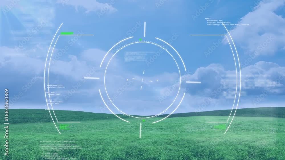 Poster scope scanning and data processing against landscape with grass and blue sky