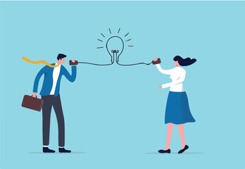 Communicate idea, advice or solution, good communication skill for business success, brainstorm or discuss in meeting concept, smart businessman talk to colleague on phone line with lightbulb symbol.