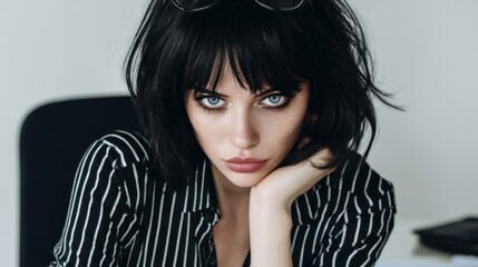 Beautiful business woman: black hair, blue eyes, sitting at a desk, looking to the camera with a subtle gaze. fashion photography. Fashion. Style. Lifestyle.