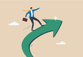 Increase business success, financial achievement, challenge or work performance, upward or rising expertise employee concept, confidence businessman ride upward rising success arrow upward direction