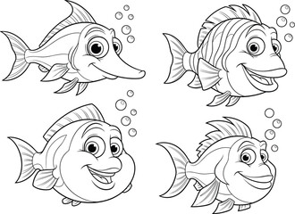 Cartoon fish coloring page with four expressive characters, black and white vector illustration for kids’ underwater activity and design