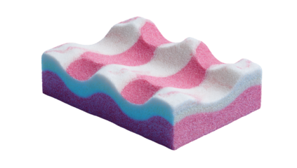 Close-up of a textured, layered confectionery bar.  Pink and white stripes, wavy ridges, and a light blue base layer.  Square block shape