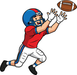 Cartoon American Football Player Jumping to Catch Ball – Red Jersey Athlete in Action – Sports Vector for Kids and Education
