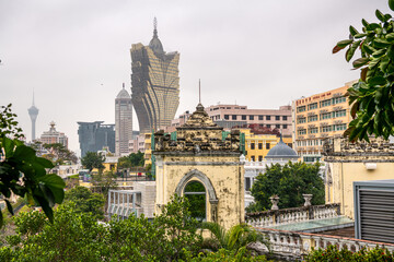 Fototapeta premium View on the Grand Lisboa casino and hotel from Guia Chapel and lighthouse, Macao