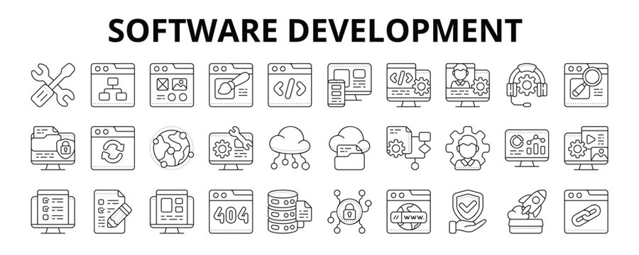 30 Software Development Line Icons Vector - Sitemap, Wireframe, Web Design, Sync, Database, Landing Page, Content Management
