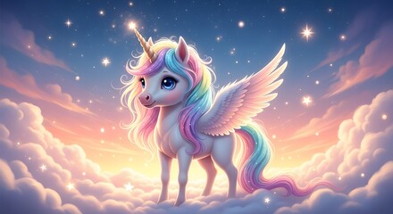 A magical winged unicorn with a rainbow mane and tail stands on fluffy clouds under a starry sky at sunset