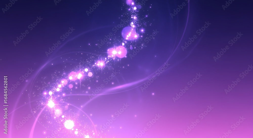 Poster abstract glowing purple and pink light particles swirling in a dark background with soft curves and 