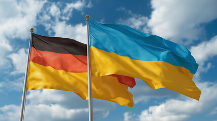 Flags of germany and ukraine flying together symbolizing unity against a blue sky outdoor scene inspirational concept