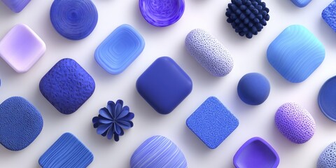 Abstract arrangement of various blue textured shapes on white background