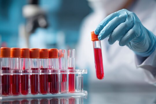 Lab technician doctor and scientist examining a blood sample for biomedical research and DNA testing