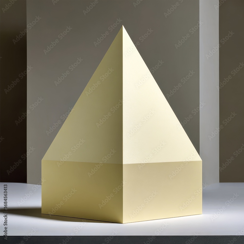 Aufkleber a pale yellow pyramid sits on a white surface against a neutral background. the pyramid is composed 