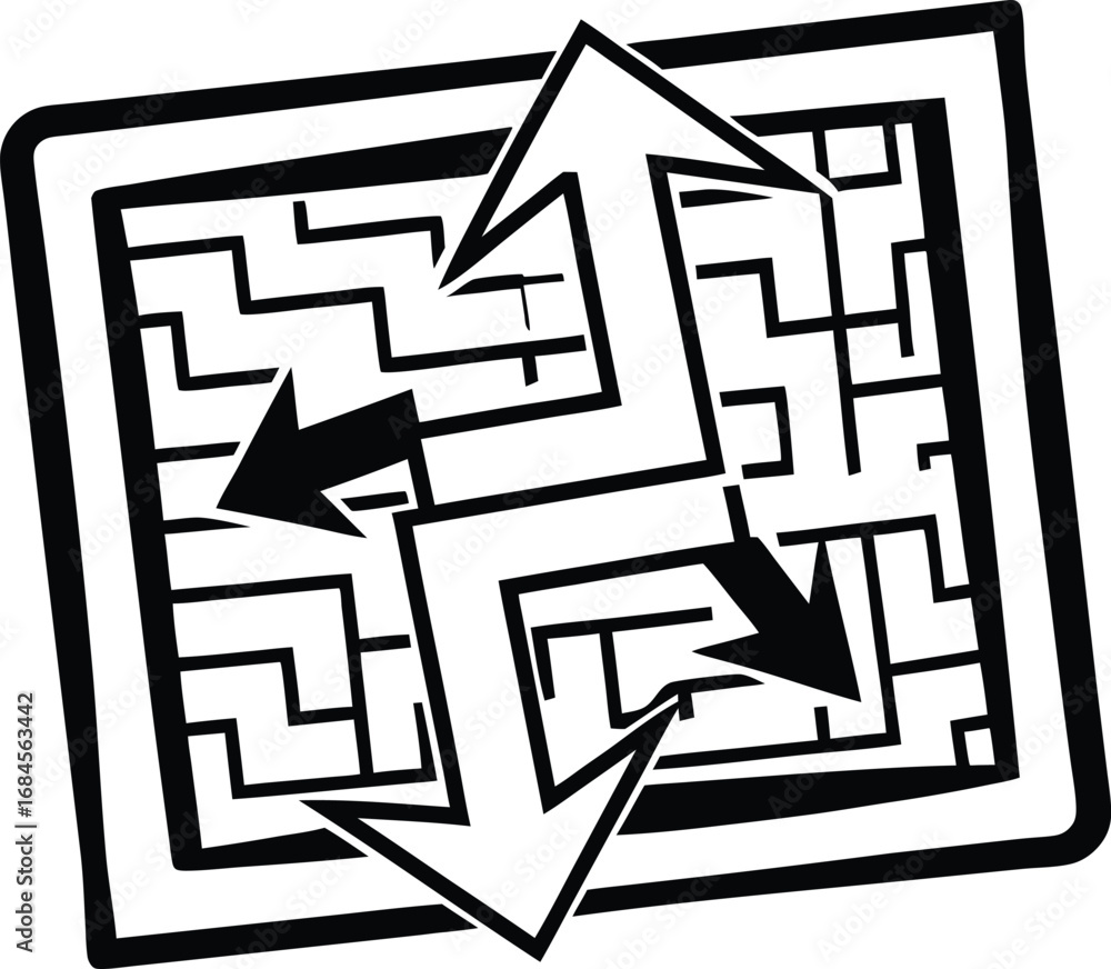 Aufkleber arrows weaving through a maze path, routing/navigation outline.