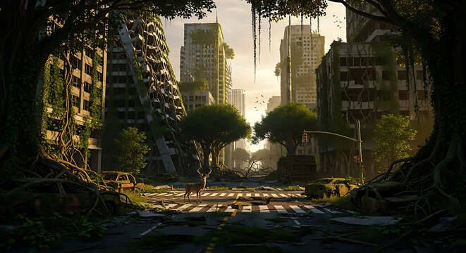Abandoned overgrown cityscape with nature reclaiming urban structures after apocalypse