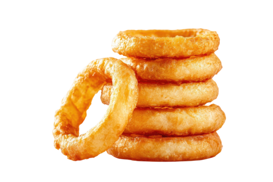 Golden fried onion rings stacked