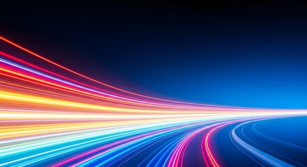 Abstract streaks of colorful light trails on a dark blue background, representing speed and technology