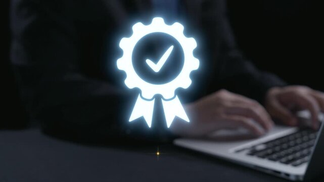 This digital illustration showcases a quality seal with glowing stars above a professional hand working on a laptop, representing trust and excellence in online services. Qubit