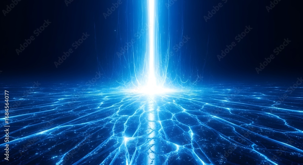 Poster a powerful beam of bright blue light erupts from a glowing point on a dark, textured surface, creati