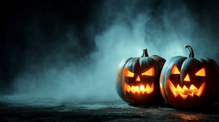 Two pumpkins with scary faces are lit up in the dark