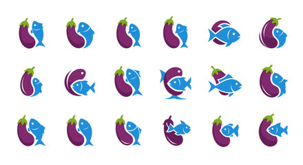 Diverse eggplant and fish vector logo designs showcasing unique culinary fusion representation
