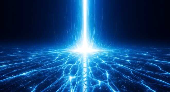 A powerful beam of bright blue light erupts from a glowing point on a dark, textured surface, creating intricate patterns of energy