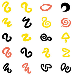 Dynamic abstract shapes and symbols in vibrant yellow, coral, and black