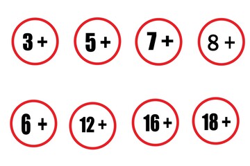 Set of age restriction symbols in red circular badges with numbers 3+, 5+, 7+, 8+, 12+, 16+, 18+. Abstract vector warning icons for games, content rating, and safety labels.