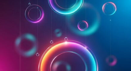 Abstract glowing neon rings and bubbles floating in a dark, vibrant background with blue and pink hues, creating a futuristic and ethereal atmosphere