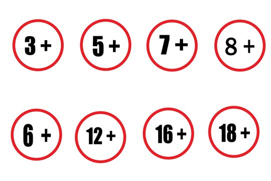 Set of age restriction symbols in red circular badges with numbers 3+, 5+, 7+, 8+, 12+, 16+, 18+. Abstract vector warning icons for games, content rating, and safety labels.