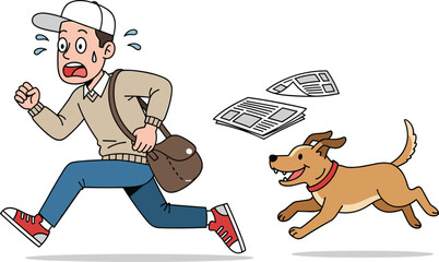 Cartoon man running from dog with panicked face, flying papers and motion lines, vector illustration for humor and action design